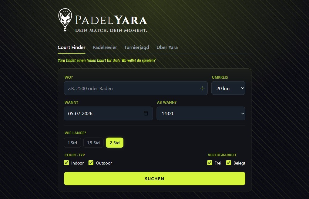 Screenshot der PadelYara-Website